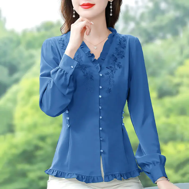 Повседневная приталенная рубашка с V-образным вырезом винтажная однотонная