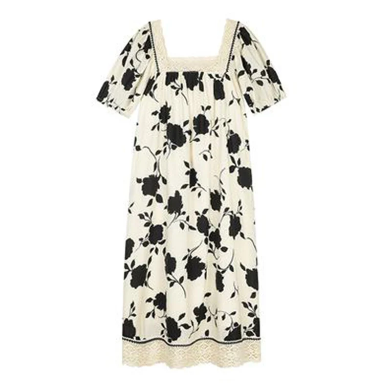 

SuperAen Korean Dresses Women Square Neck Print Puff Sleeve Summer Dress Loose Long Dress Autumn