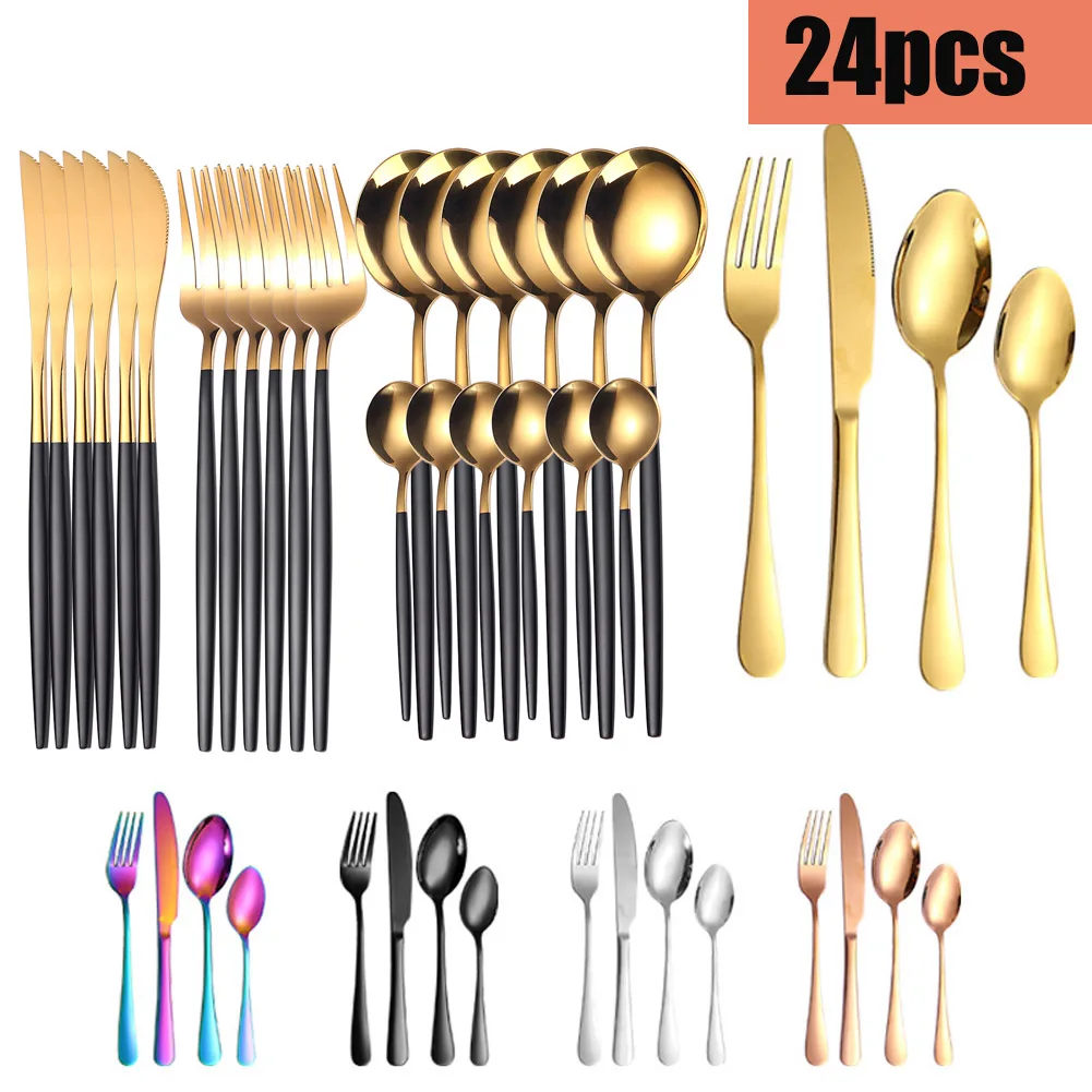 

24pcs Upscale Gold Dinnerware Set Stainless Steel Tableware Set Knife Fork Coffee Spoon Flatware Set Dishwasher Safe Cutlery Set