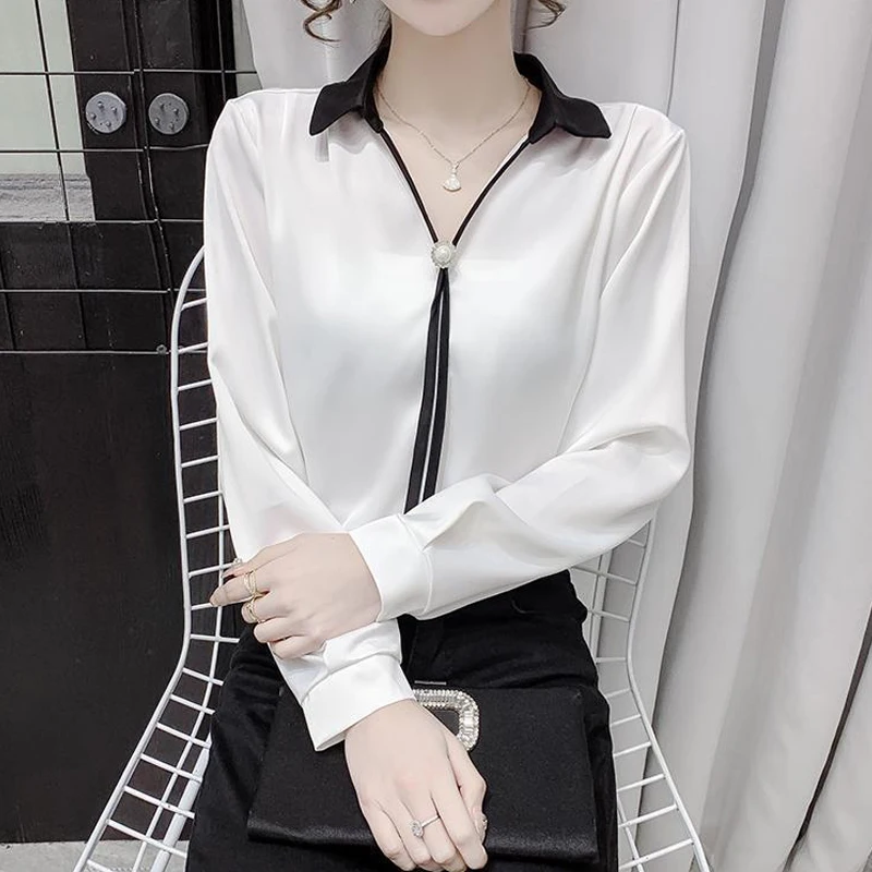 

Женские Элегантные блузки контрастных цветов, черные, белые, корейские модные простые деловые повседневные офисные дамские рубашки, облегающие Топы с длинным рукавом