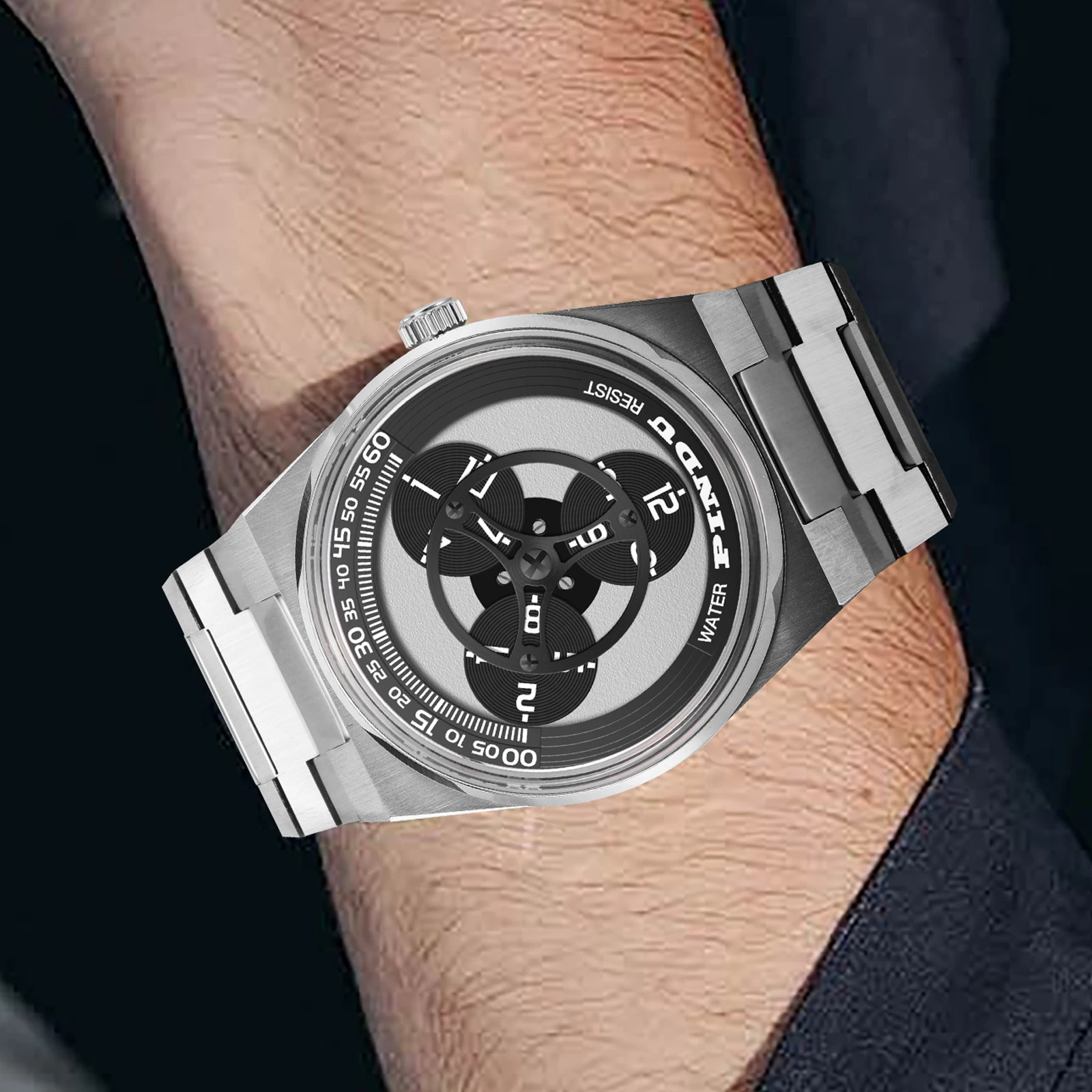 Фото Мужские автоматические часы PINDU, новые, со стальным ремешком, деловые, водонепроницаемые до 50 м, с раскладывающейся застежкой №2