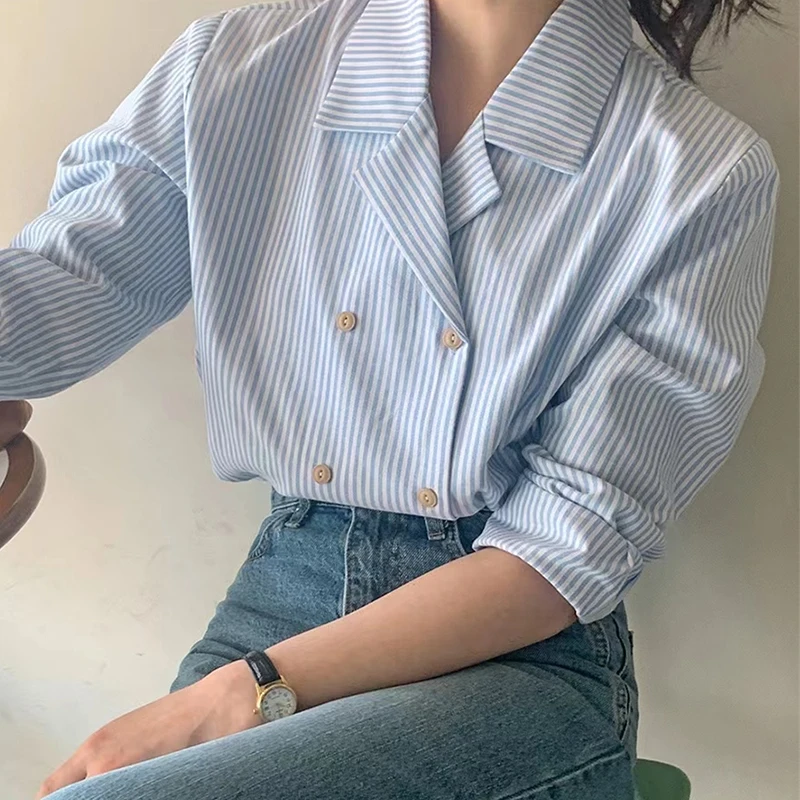 

Clothland Women Sweet Striped Blouse Double Breasted Turn Down Collar Long Sleeve Shirts Vintage Office Wear Tops Blusa LA498
