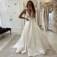 fashion satin v neck wedding dress 2022 backless boho a line lace bride gown for women sleeveless buttons simple robe de mari%c3%a9e