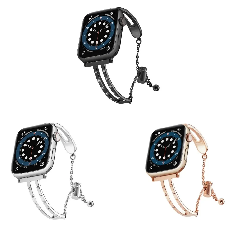 

Ремешок для часов Apple Watch Series Ultra 9 8 7 6 5 4 3 2 1, металлический браслет из нержавеющей стали с жемчужинами и бриллиантами, металлический браслет iWatch Series