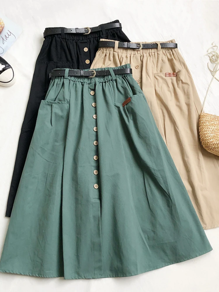 

TIGENA Casual Cotton Midi Long Skirt Women 2021 Autumn Korean Button Pocket Belt A Line High Waist Mid-length Skirt Female Green