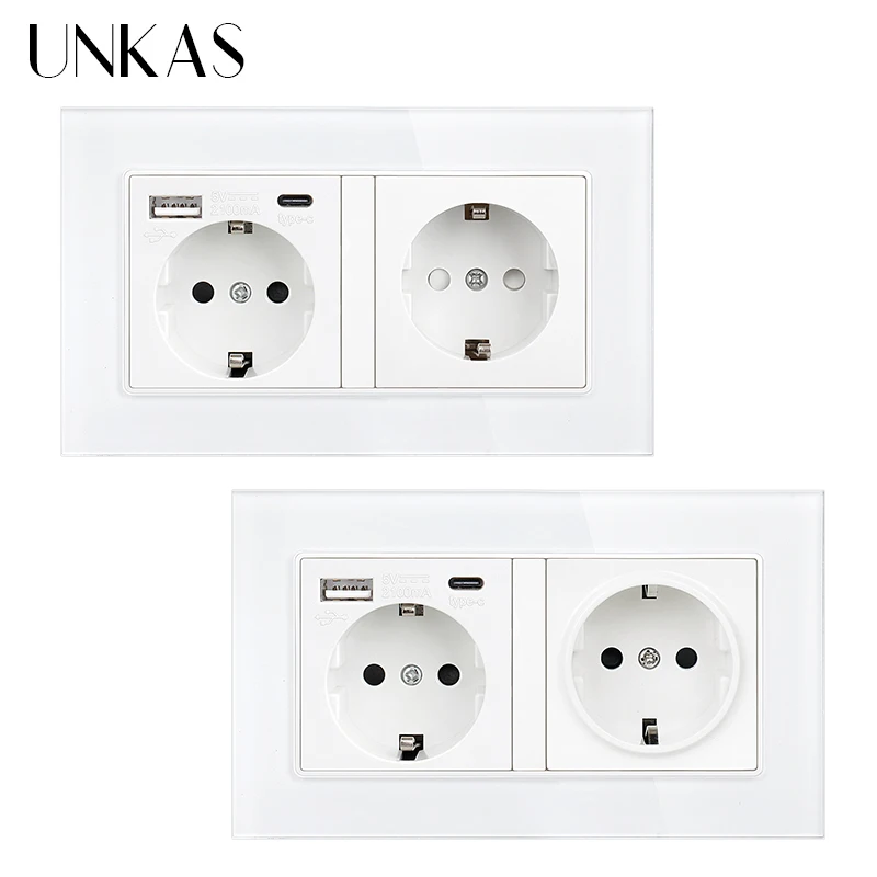 

UNKAS Dual Type C USB Socket Port Fast Charger Adapter For Mobile Phone Glass Panel 146mm*86mm 16A EU Plug 5V 2100mA Outlet