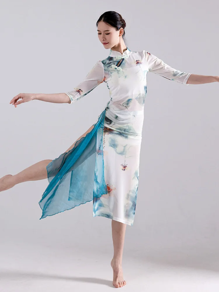 2024 Xia Li воротник окрашенный в воде Cheongsam костюм древнем стиле синий и белый