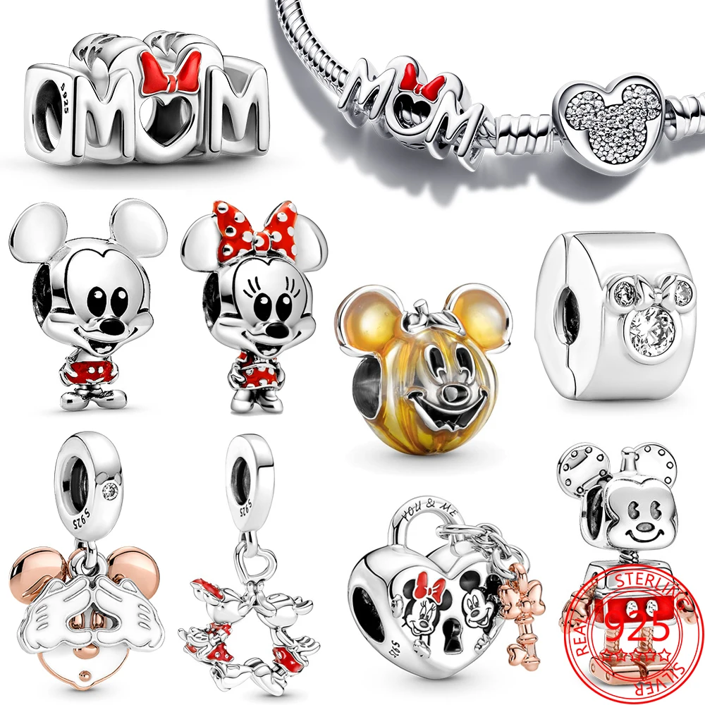Luxury 925 Sterling Silver Disney Mickey and Minnie Charm Safety Chain Clip Gift Set Fit Pandora Bracelet & Bangle Fine Jewelry