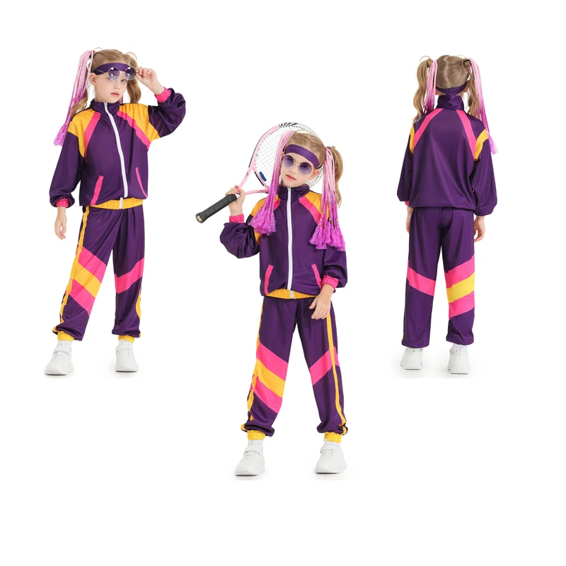 Детский костюм для танцев в стиле ретро, сценический костюм в стиле хип-хоп, синего, розового, фиолетового цветов, пальто, детские штаны, спортивная одежда для мальчиков и девочек, костюм-Маскировка, 80s, 90s