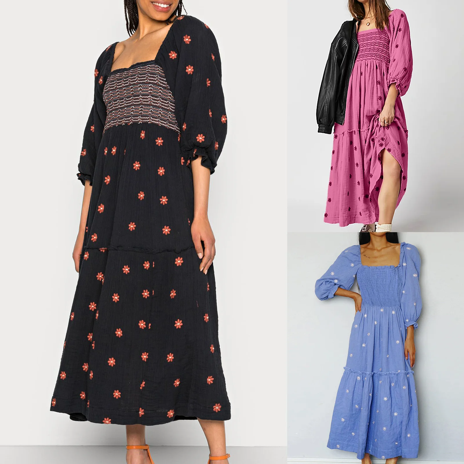 

Женское Хлопковое платье с цветочной вышивкой, Длинное свободное винтажное Повседневное платье макси с квадратным вырезом и длинными рукавами, лето