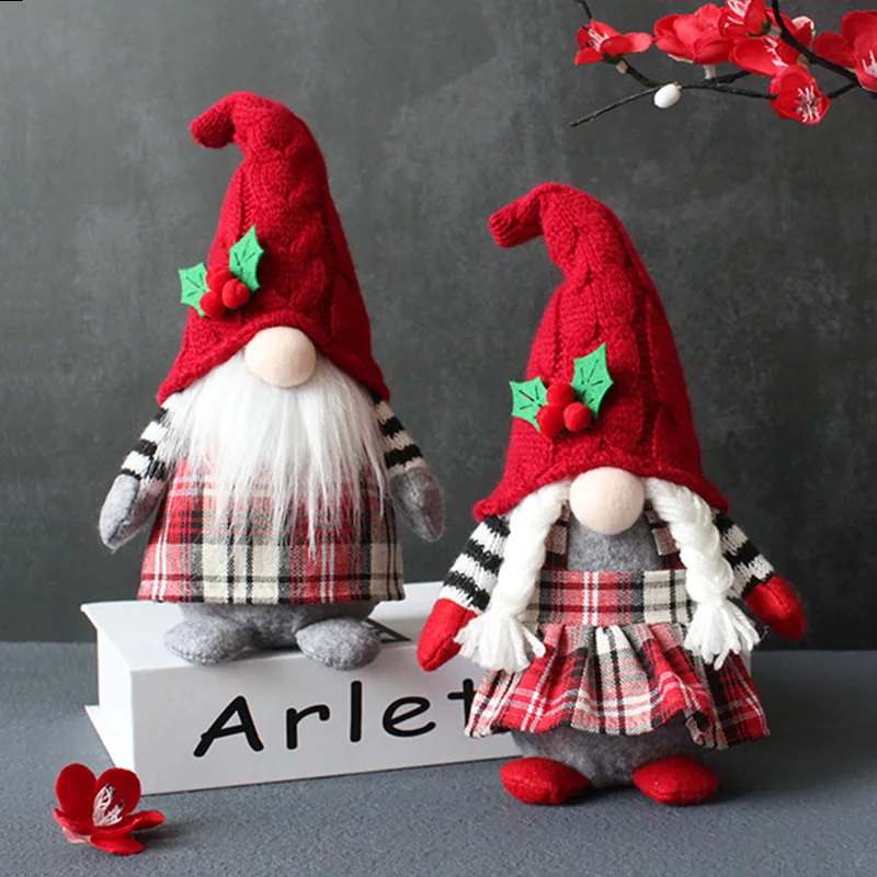 Cute Braid Faceless Doll Plaid Ribbon Hat Forest Old Man Doll Home Plush Desktop Decoration