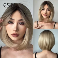 esin black root with blonde hair wigs beautiful short bob wig with bangs 12 inch heat resistant synthetic wigs for women
