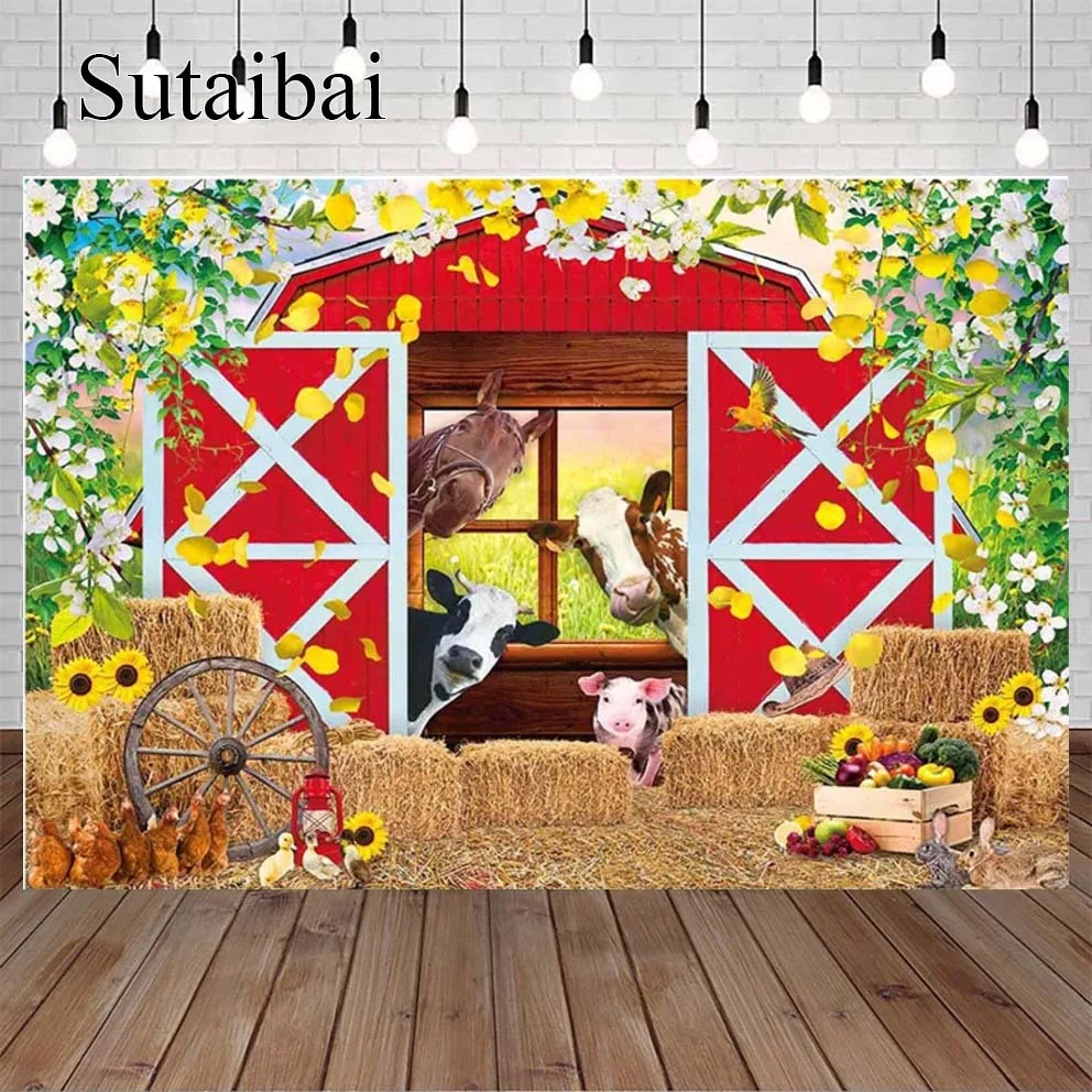 Spring Farm House Photography Backdrop Fabric Animals Red Rustic Farmhouse Background Flowers Happy Festival Baby Portrait Party