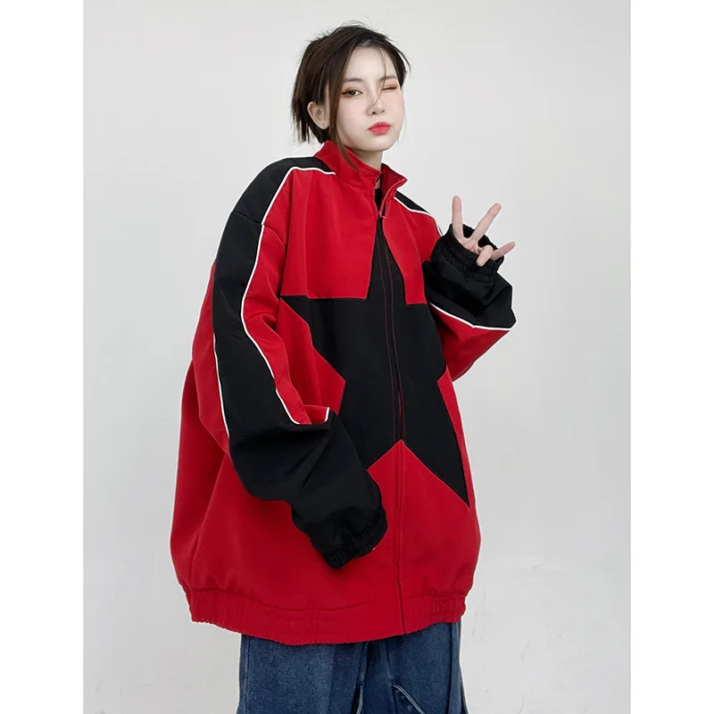 

Весенняя куртка-бомбер для мужчин и женщин, винтажная ветровка в стиле Харадзюку со звездами, Y2K, уличная одежда на молнии в стиле пэчворк, верхняя одежда унисекс