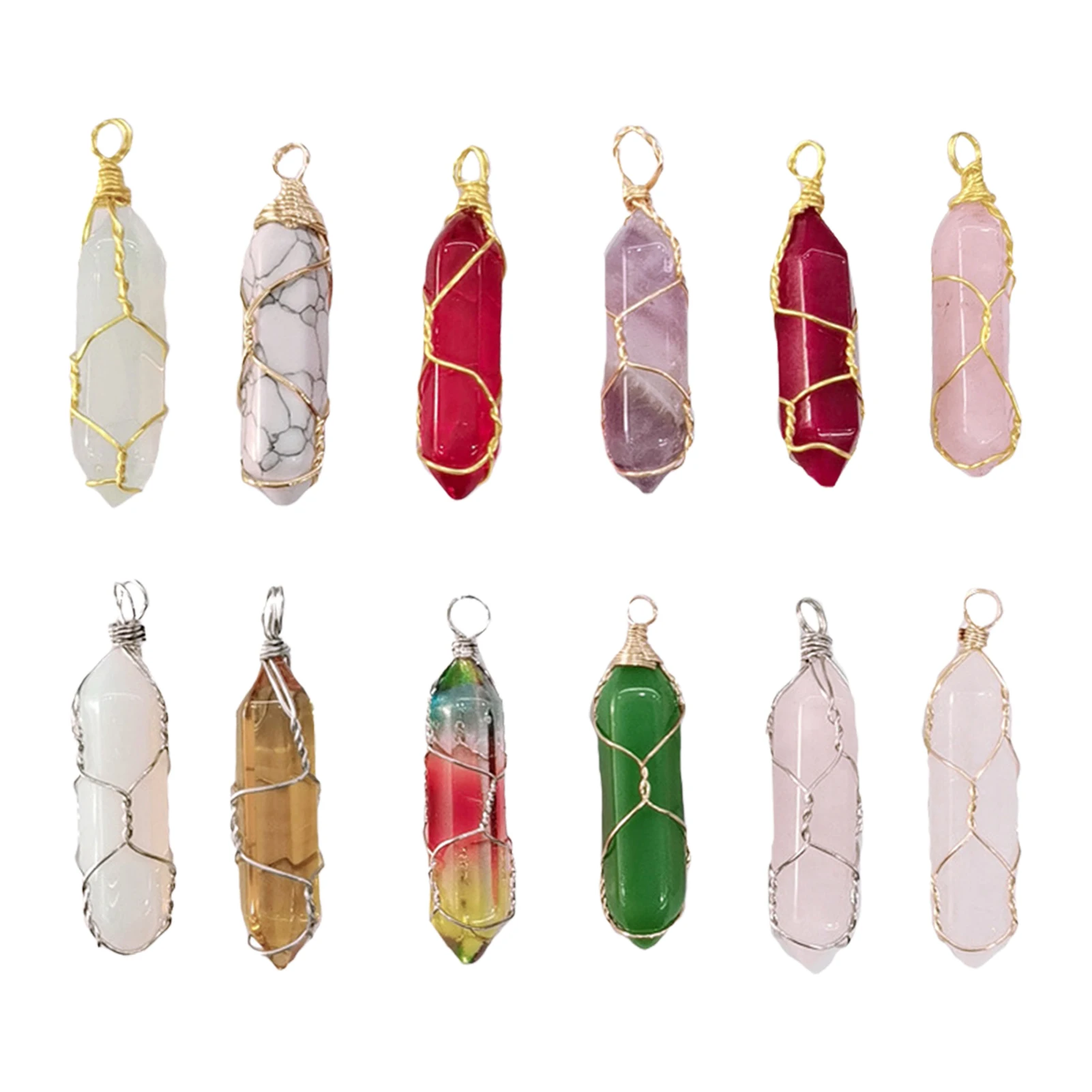 12 Pcs Pointed Quartz Gemstone Hexagonal Chakra Pendant Bullet Crystal Pendants DIY Charm Beads For Jewelry Making