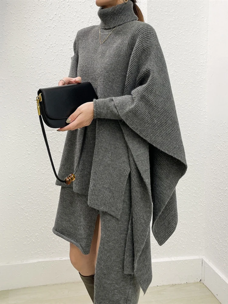 DEAT Элегантный вязаный комплект из 2 предметов водолазка свободный плащ