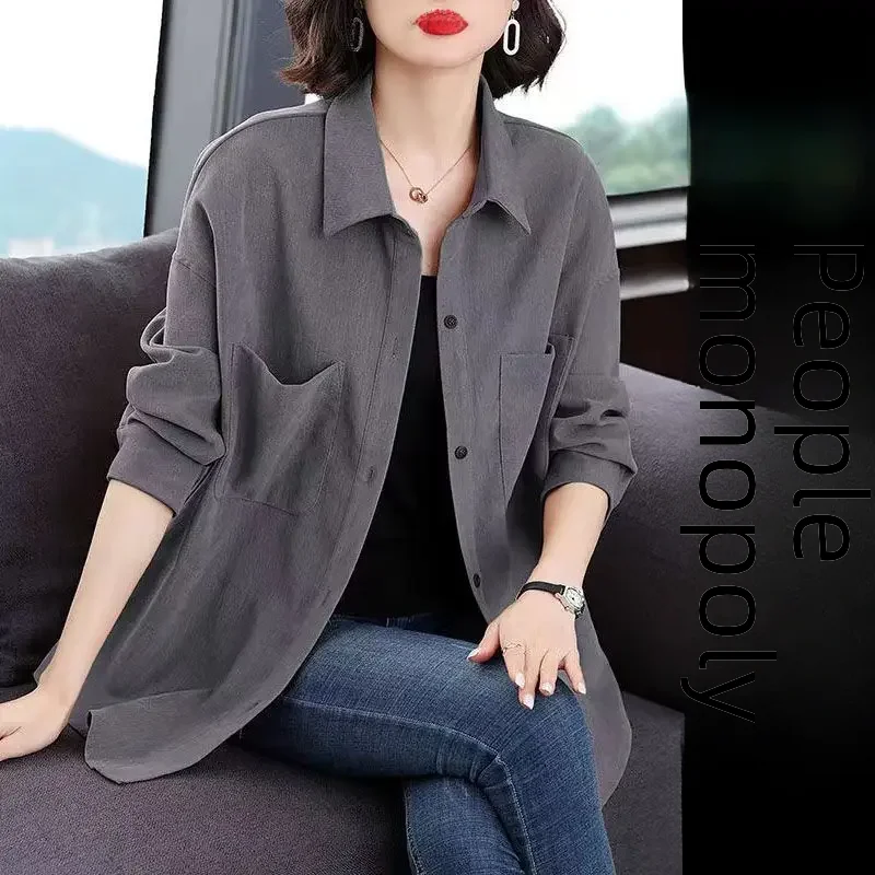 Женская свободная Однотонная рубашка с длинным рукавом
