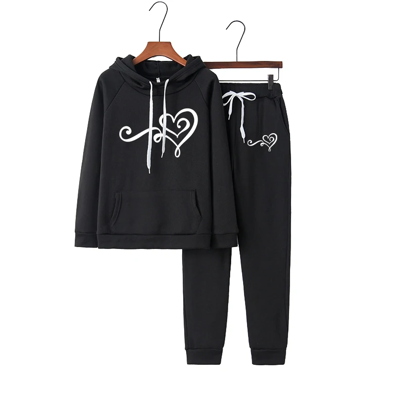 Women Heart Print Tracksuit 2 Pieces Set Pullover Hoodies+Pants Sports Suit Female Sweatshirt Sets Sportswear Suits For Woman