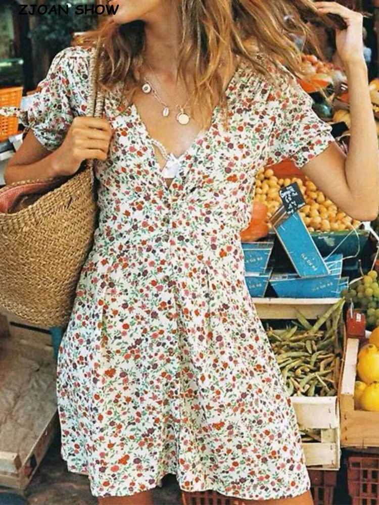 

2022 Vocation Beige Floral print Short Summer Dress Holiday Woman Button v neck Slim Waist Short Sleeve Dresses Beach