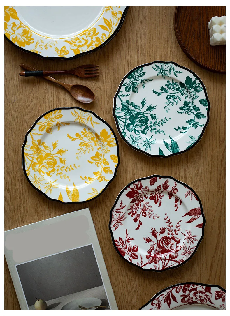 

European Style Ceramic Plate Vintage Luxuriant Flower Printing Western Food Dinner Plates Afternoon Tea Dessert Dishes Tableware