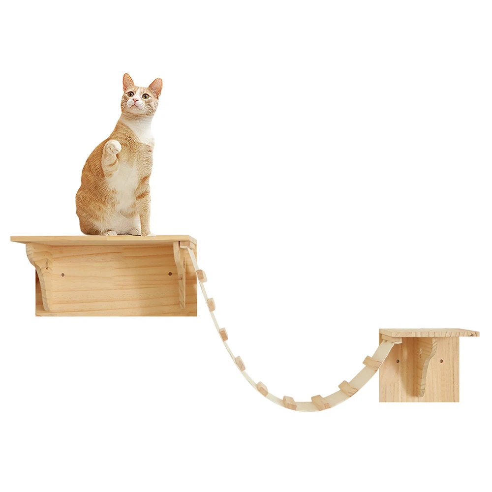 

Cat Wall Shelves Wooden Cat Perch Platform with Ladder Indoor Cat Climbing Bridge Cat Floating Wall Shelf Activity Climber Toy