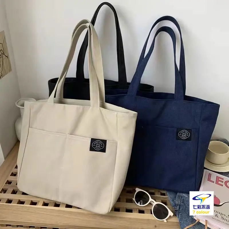 Women Solid Color Canvas Tote Bag Designer Ladies Casual Handbag Shoulder Bag Large Capacity Cotton Reusable Shopping Beach Bag