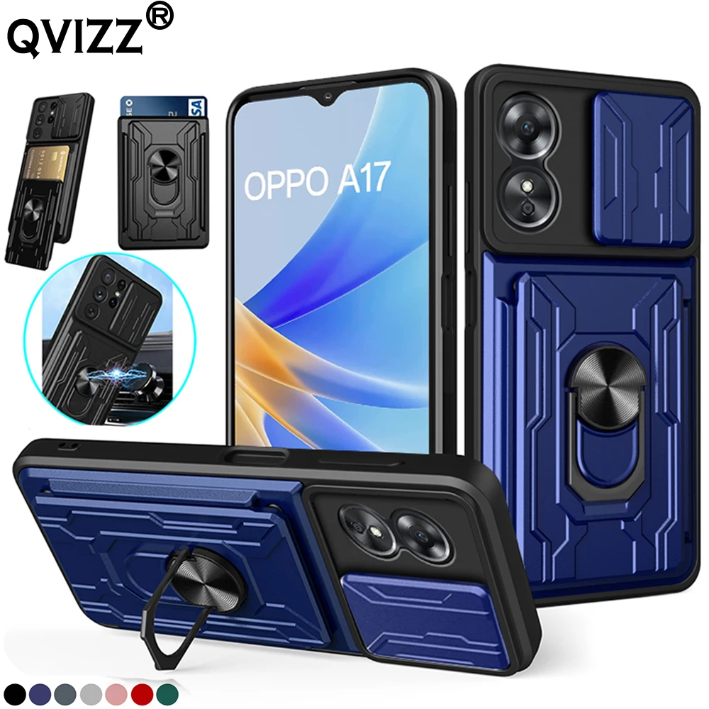 

Slide Camera Case for Oppo A17 CPH2477 Card Slot Pocket Car Magnetic Ring Holder Soft Edges Armor Shockproof Phone Cover OppoA17