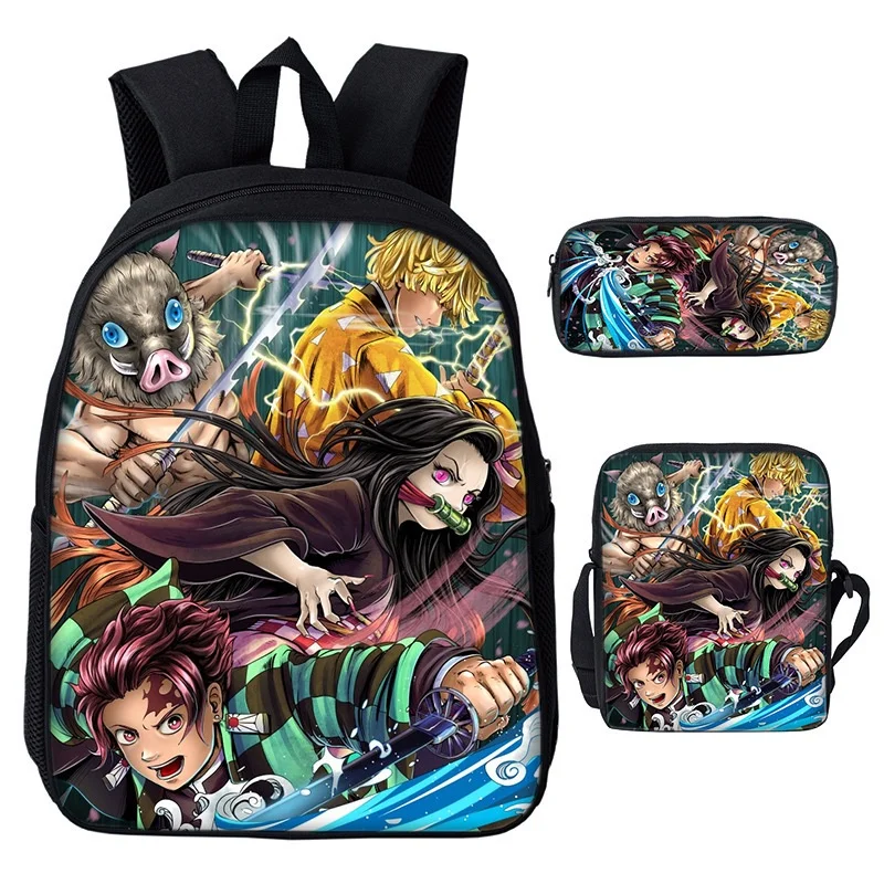 3 Piece Demon Slayer Nezuko Tanjirou Children Anime Backpacks New Girls Boys Primary School Student Shoulder Bags with Pen Bag