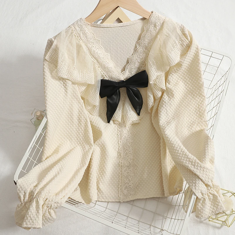 Женская кружевная блузка с оборками Корейская Свободная V-образным вырезом и