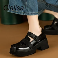 Cialisa Loafers Casual Platform Women Shoes Autumn Square Toe New Cow Patent Leather Handmade Chunky Heels Lady Footwear Black