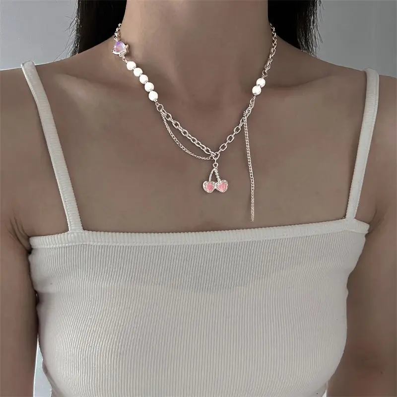 Draweye Pink Cherry Necklaces for Women Sweet Y2k Korean Fashion Jewelry Pearls Beads Elegant Sweet Pendant Necklace Vintage