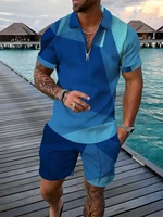 summer loose plus size mens t shirt lapel zipper polo shirt short sleeve shorts two piece set seaside holiday suit