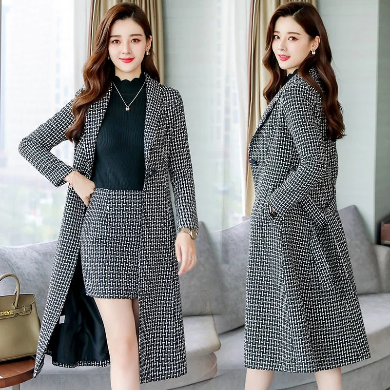 Woolen dress women's two-piece 2018 fall/winter new women's Korean temperament long woolen coat suit