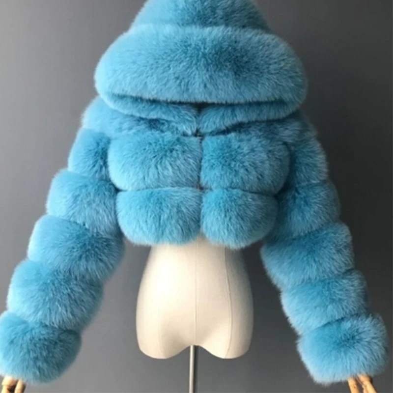 Fashion Hooded Winter Faux Fur Coat Women 2023 High Quality Warm Blue Furry Overcoat Woman Elegant Plush Cropped Jacket Ladies