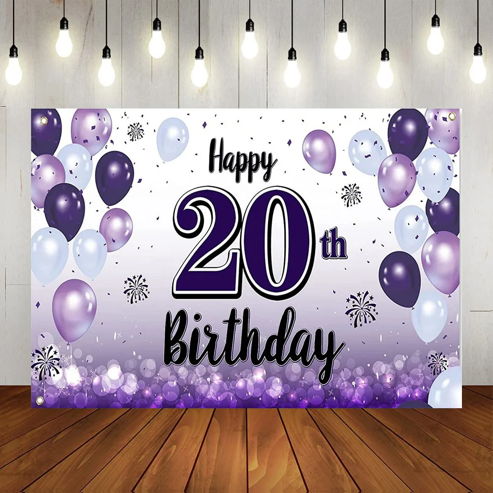 

Фон для вечеринки в честь 20-го дня рождения баннер украшение пурпурные воздушные шары Блестки Фиолетовый фейерверк 20-летнее тематическое украшение sup