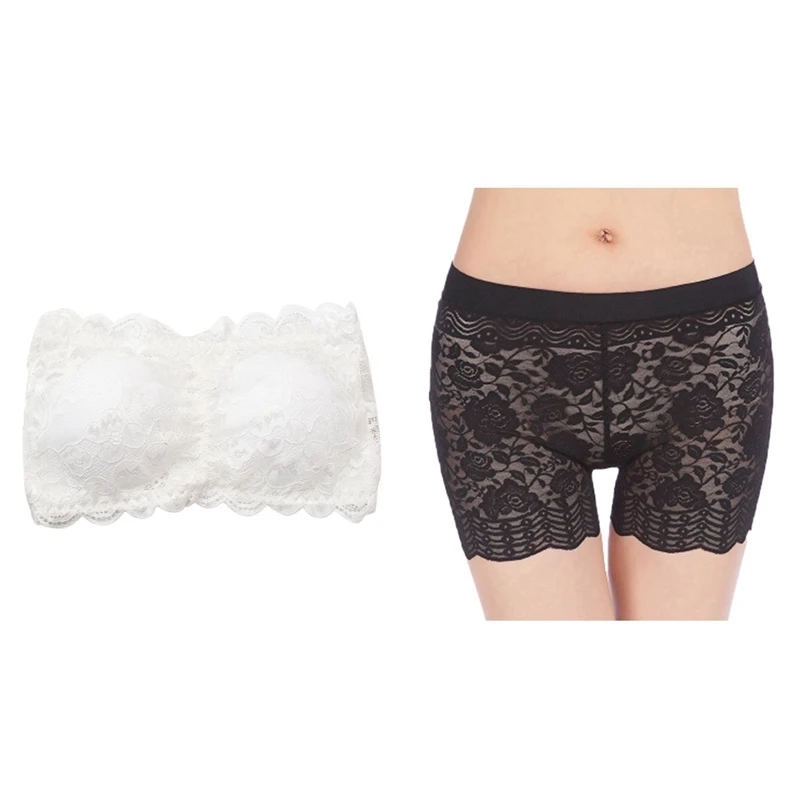 

1 Pcs Sexy Lace Gather Tube Top Strapless Chest Wrap & 1 Pcs Lace Pattern Hollow Waist Three-Point Leggings Black