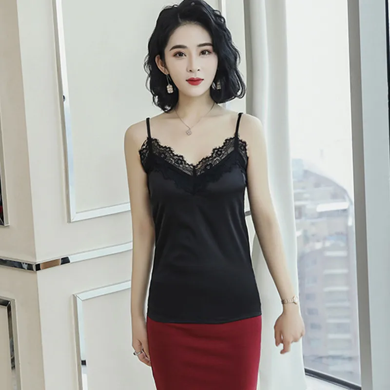 

Майка женская атласная с открытой спиной, корейский стиль, майка-Холтер, шелковая кружевная майка на бретелях-спагетти, черный цвет, на лето