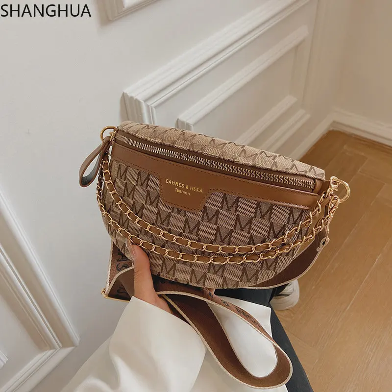 

SHANGHUA Printed Letter Plaid Pattern Fanny Packs For Women Chain Waist Bag Female Waist Pack Ladies Wide Strap Crossbody Bag