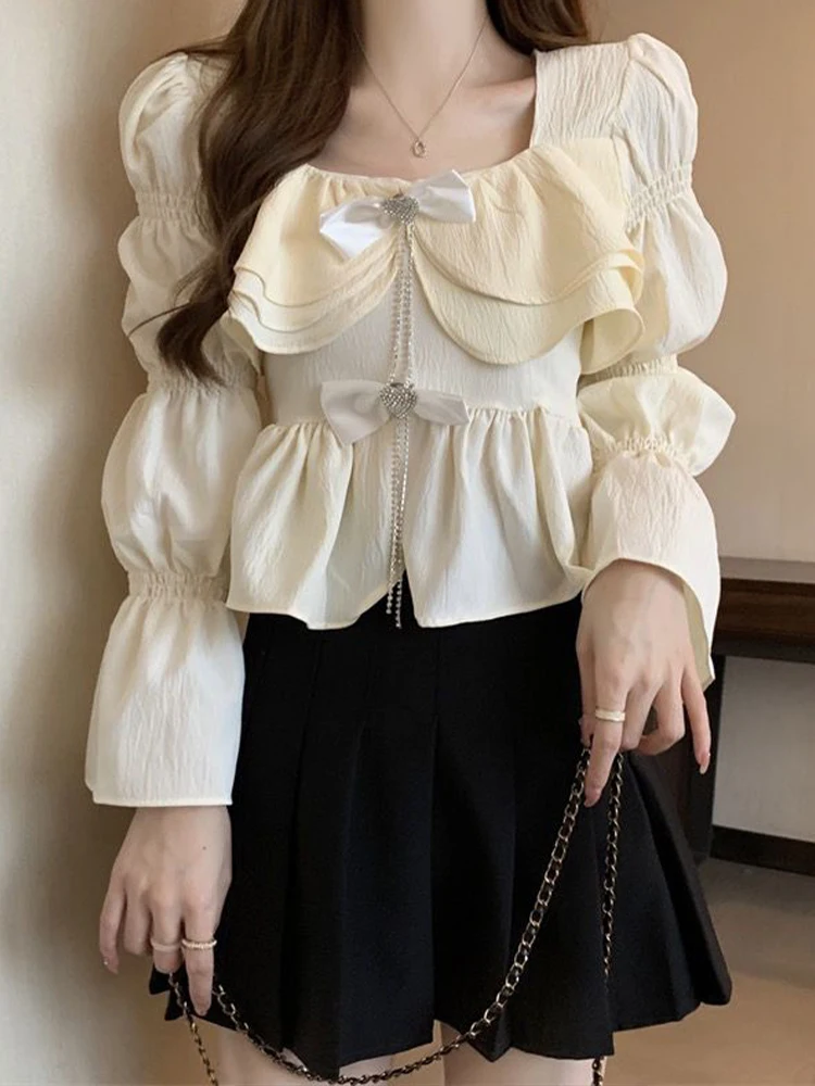 Женская блузка с оборками белый облегающий Топ во французском стиле бантом и