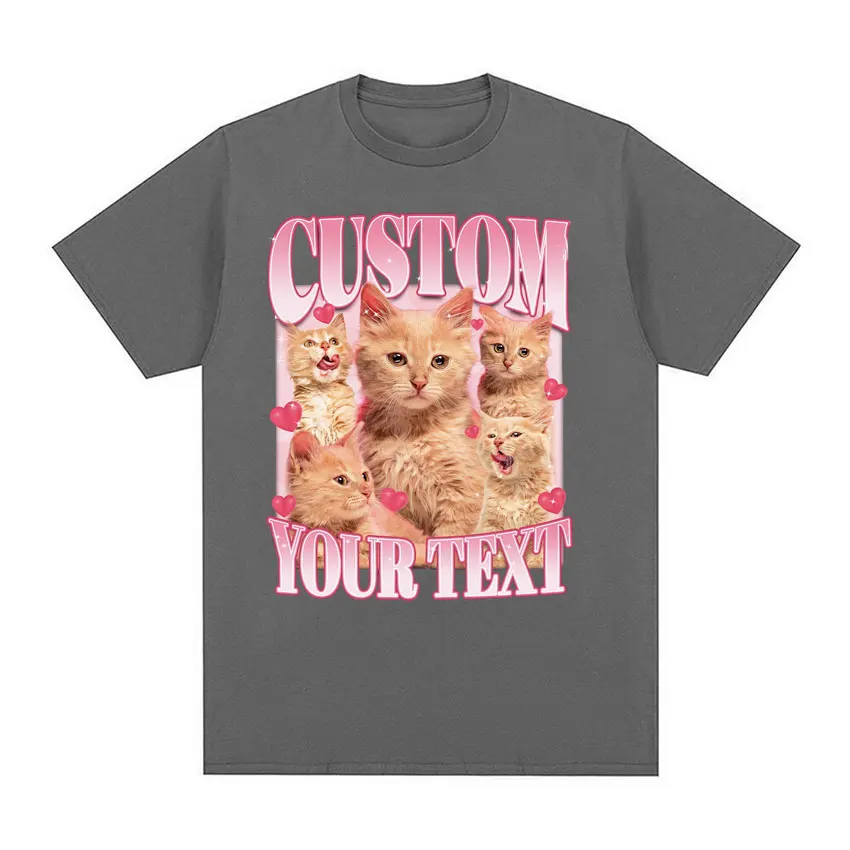 Футболка мужская с рисунком кошки и надписью на заказ модная винтажная тенниска