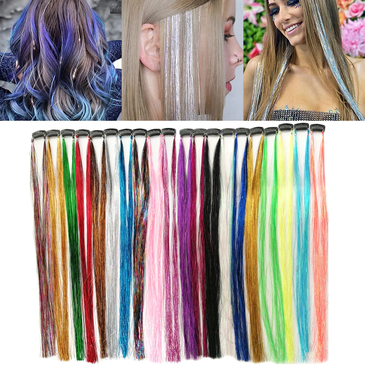 

20 Colors Long Straight Hair Bling Bright Glitter Hair Extension Clip Hairpiece Sparkling Shiny BB Clip In Hair Tinsel