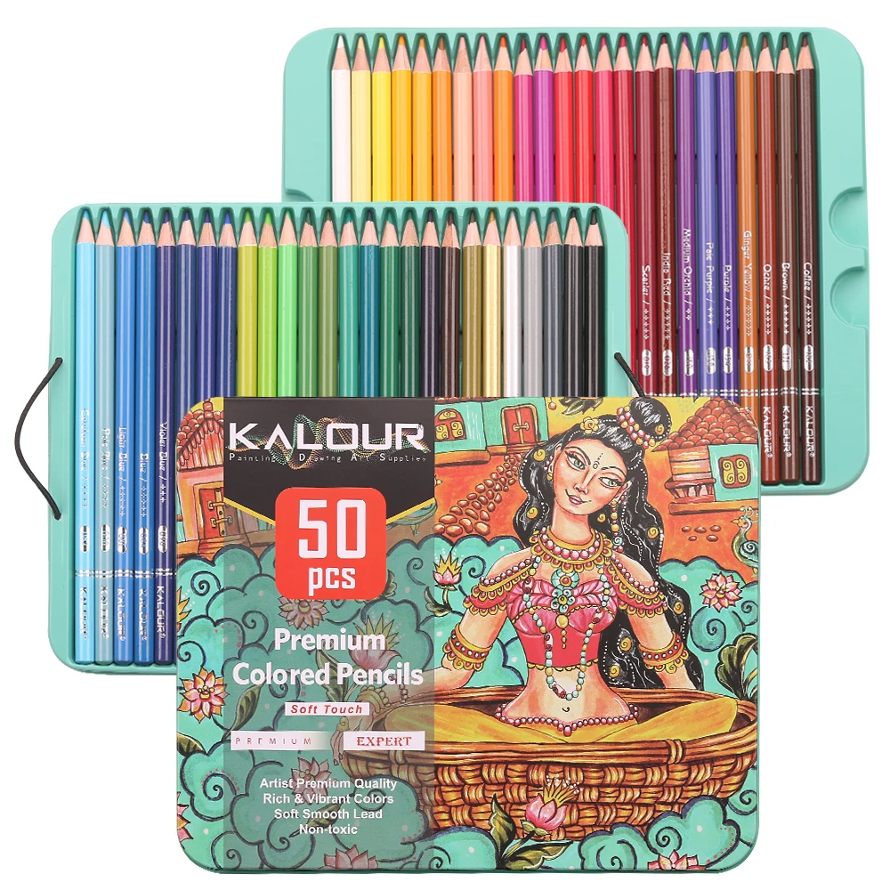 

KALOUR 50 Piece Artist Premium Oil Color Pencils Rich Vibrant ColorsSoft Smooth Lead For Artist Coloring Art Supplies in Tin Box