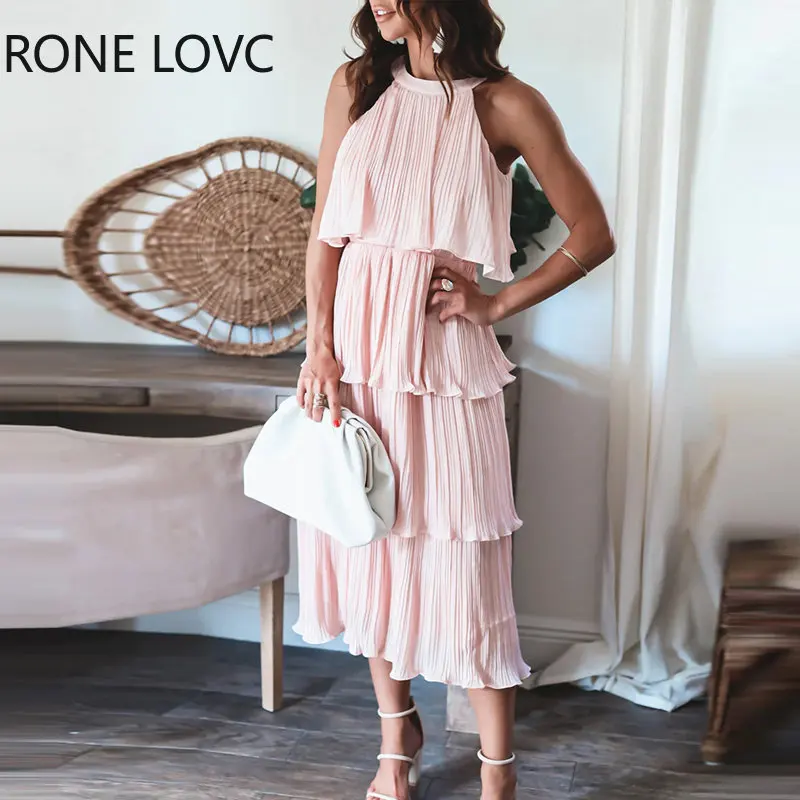 

Женское однотонное элегантное платье макси без рукавов с лямкой на шее и каскадными оборками