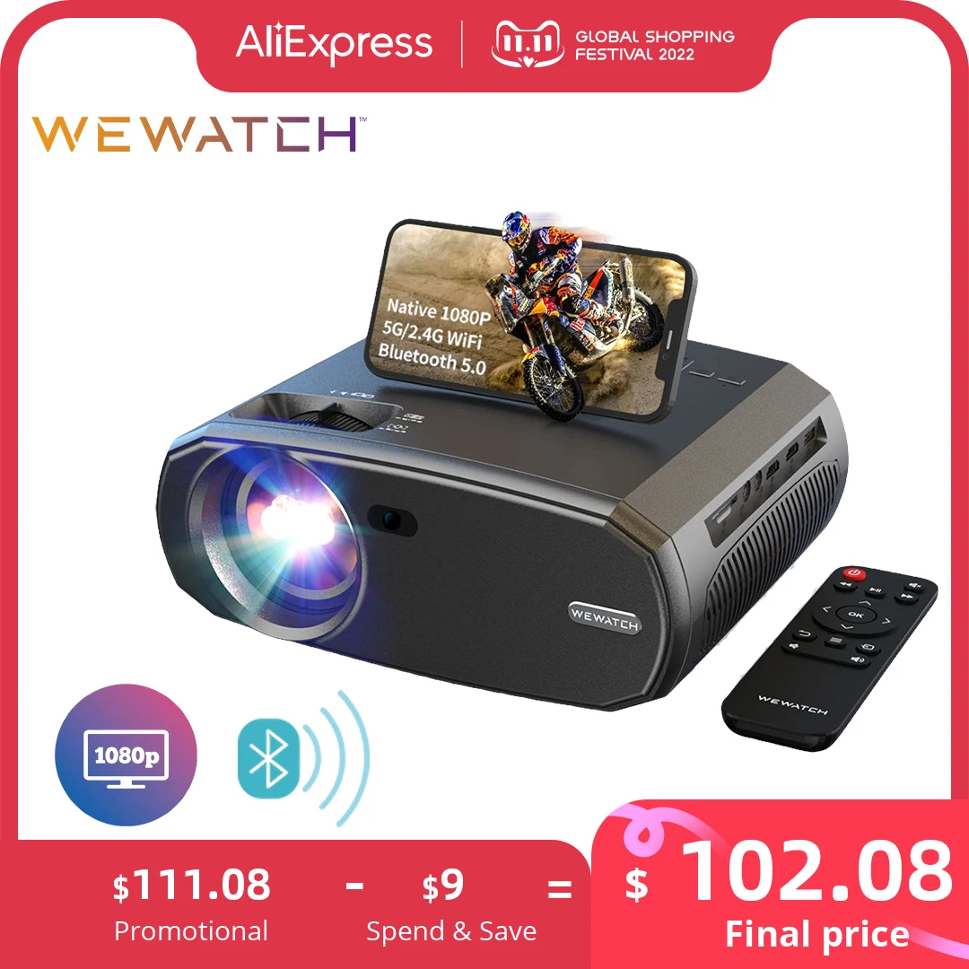 Tanie WEWATCH V50 Przenośny 5G Projektor Na WIFI Mini Inteligentny Prawdziwy 1080P Full HD Film Proyector 200 ''duży Ekran LED Projektory Bluetooth