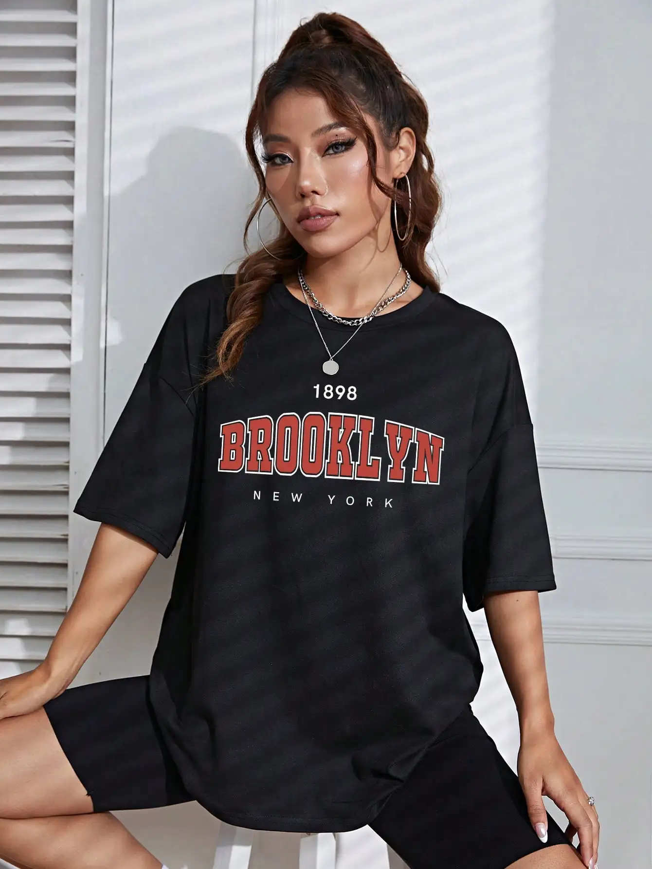 

1898 Brooklyn New York Prints Female Short Sleeve American Style Vintage Tops Personality Casual T-Shirts Womens Cotton Clothing