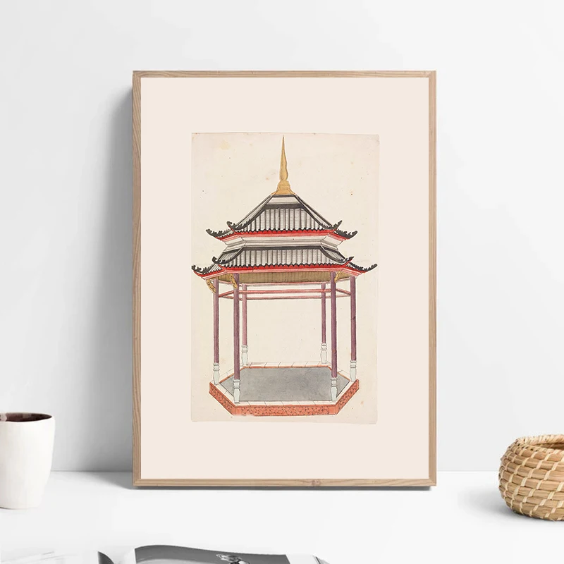 Китайская пагода акварельная картина на холсте