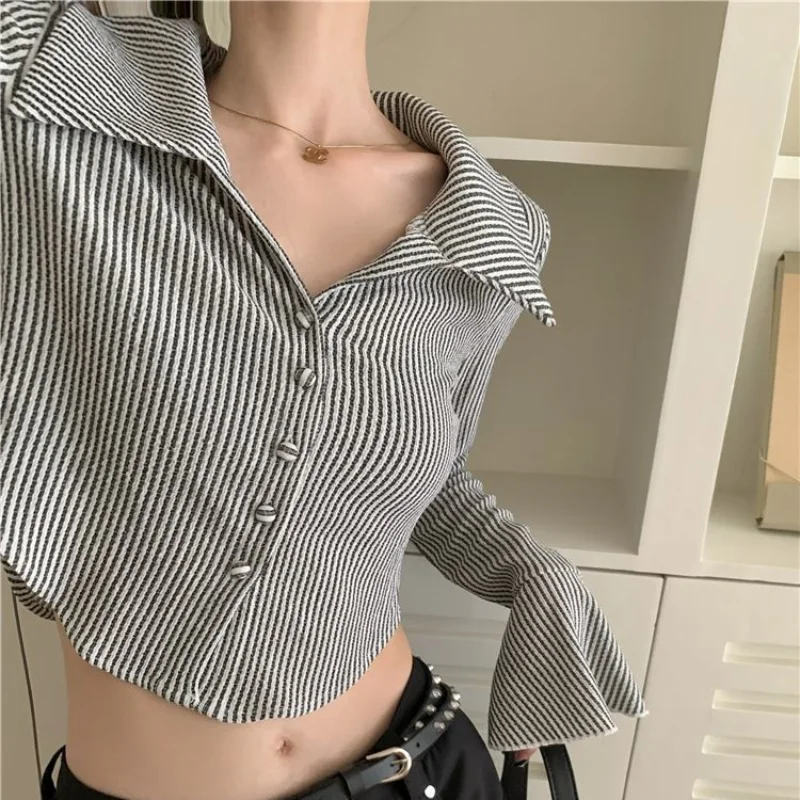 Deeptown Harajuku Y2k Striped Women Blouses Vintage Flare Sleeve Sexy Crop Tops Korean Style Streetwear Slim Button Up Shirts