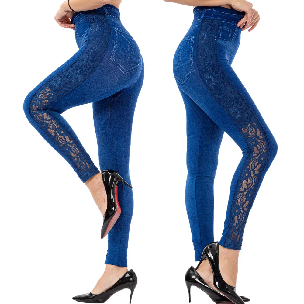 

Imitation Denim Jeans Women Lace-edged High-waisted Imitation Denim leggings Slim Elastic Pencil Pants Super Stretchy Jeggings