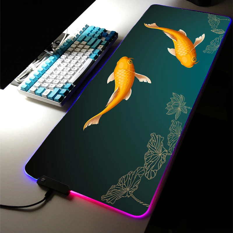 

400*900MM Chinese Style RGB LED Light Gaming Accessories Led XXL Koi Large Game MousePad Keyboard Desk Mat LOL Room Carpet Rugs