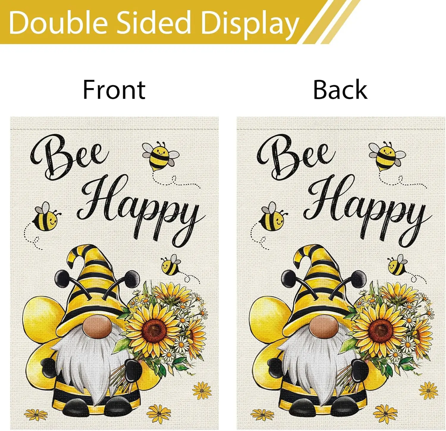 Флаг для сада Heyfibro Bee Happy Gnome 12x18, двусторонний, из мешковины, с изображением гнома в костюме пчелы и подсолнухов, для весны и лета, для двора (art.: 3920db24c2f73) - 3920db24c2f73